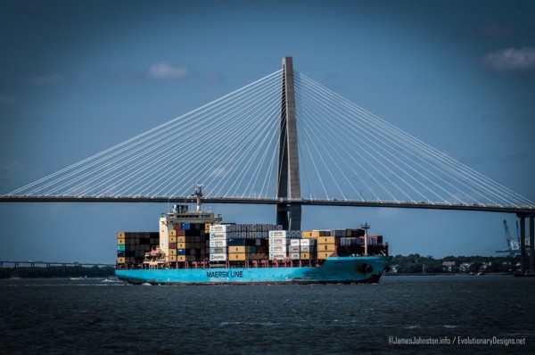 Random Picture of the Week #25: Maersk Visby Cargo Ship Spotted in Charleston Harbor in View of Arthur Ravenel Jr. Bridge